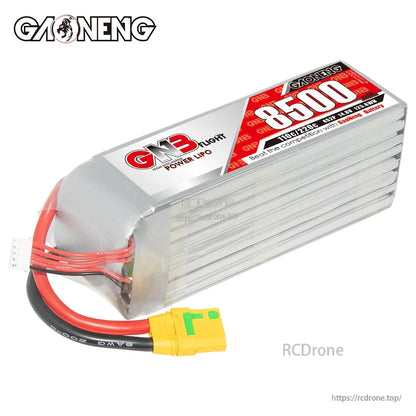 Angled view of GNB 8500 battery showing silver hard case, balance lead and XT90S connector wiring