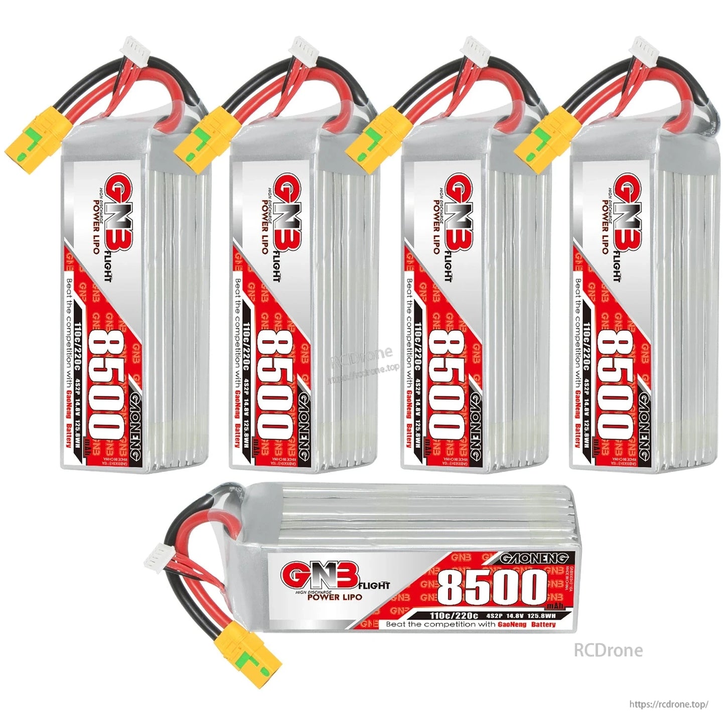 Five-battery set display: four upright and one horizontal GNB 8500 packs