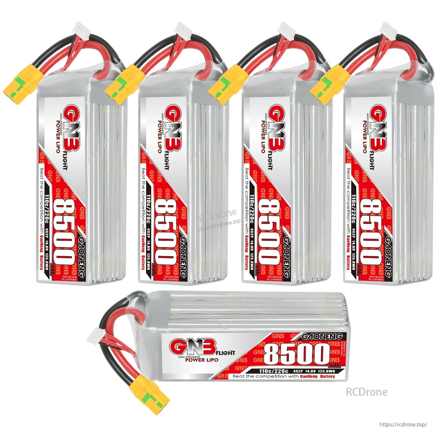Five-battery set display: four upright and one horizontal GNB 8500 packs