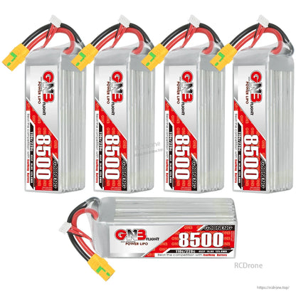 Five-battery set display: four upright and one horizontal GNB 8500 packs