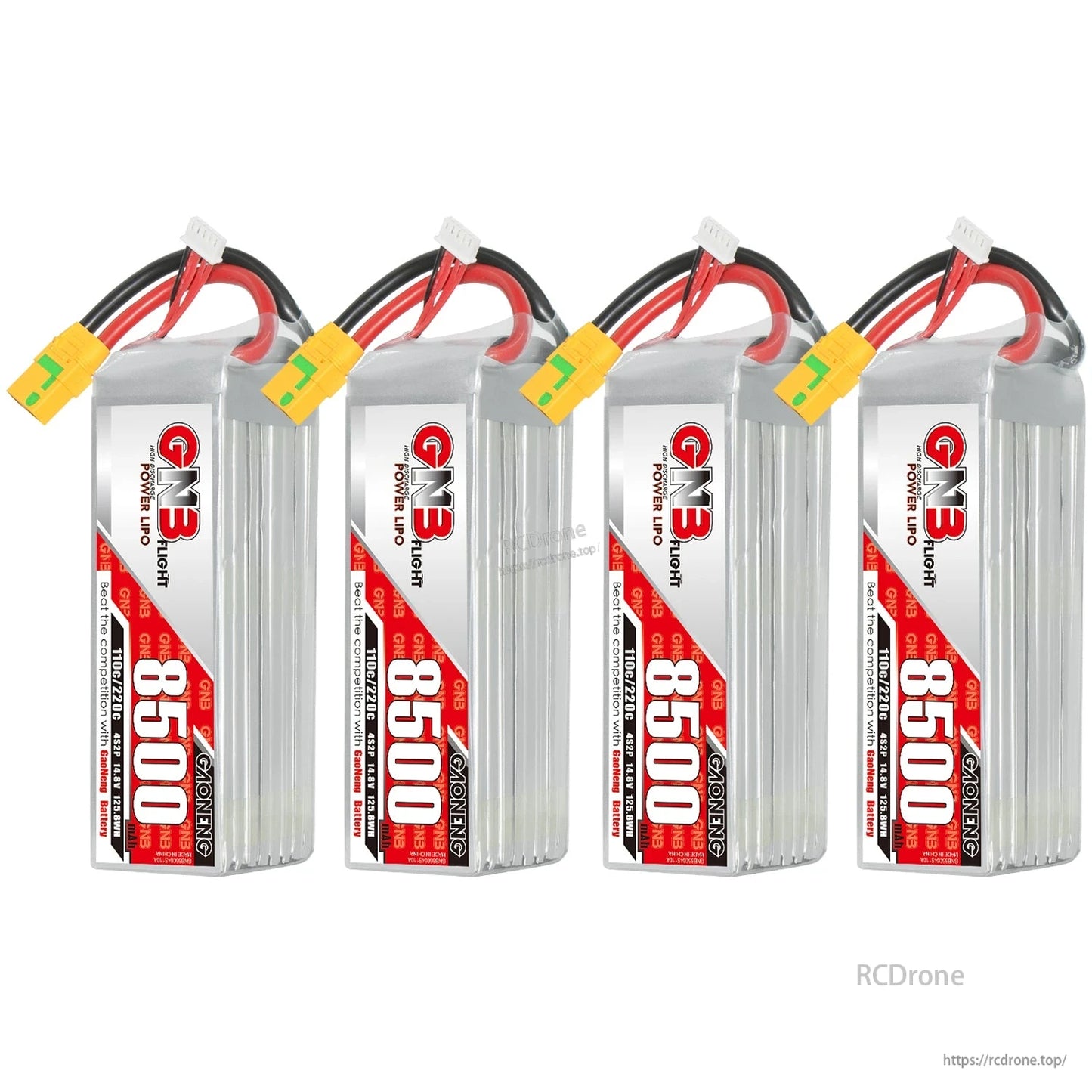 Four GNB 8500 LiPo batteries lineup showing matching connectors and labels