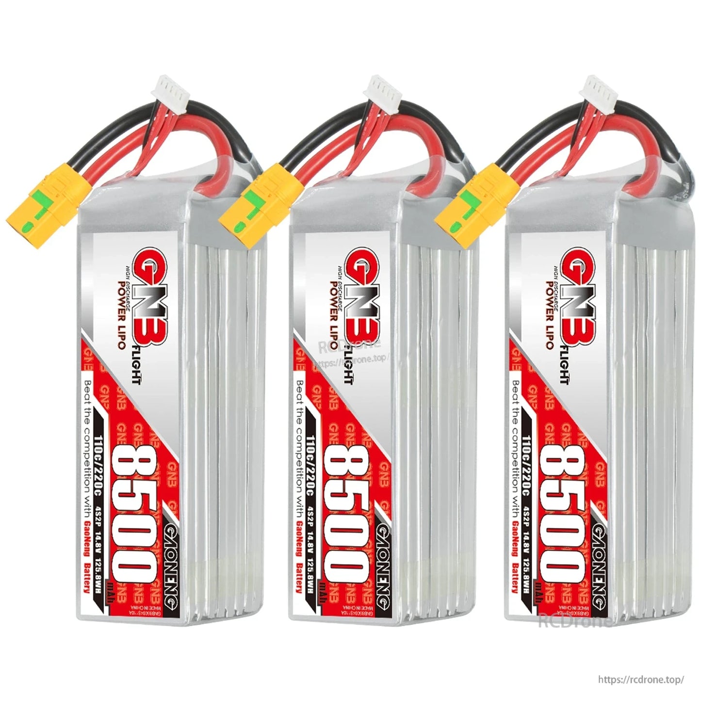 Three GNB 8500 LiPo batteries lineup with XT90S connectors and balance leads