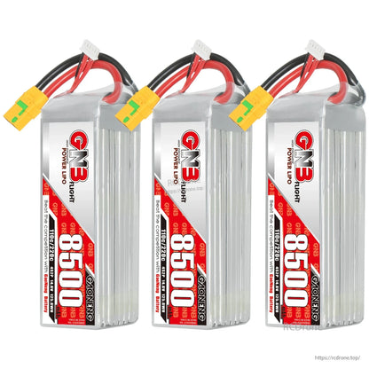 Three GNB 8500 LiPo batteries lineup with XT90S connectors and balance leads