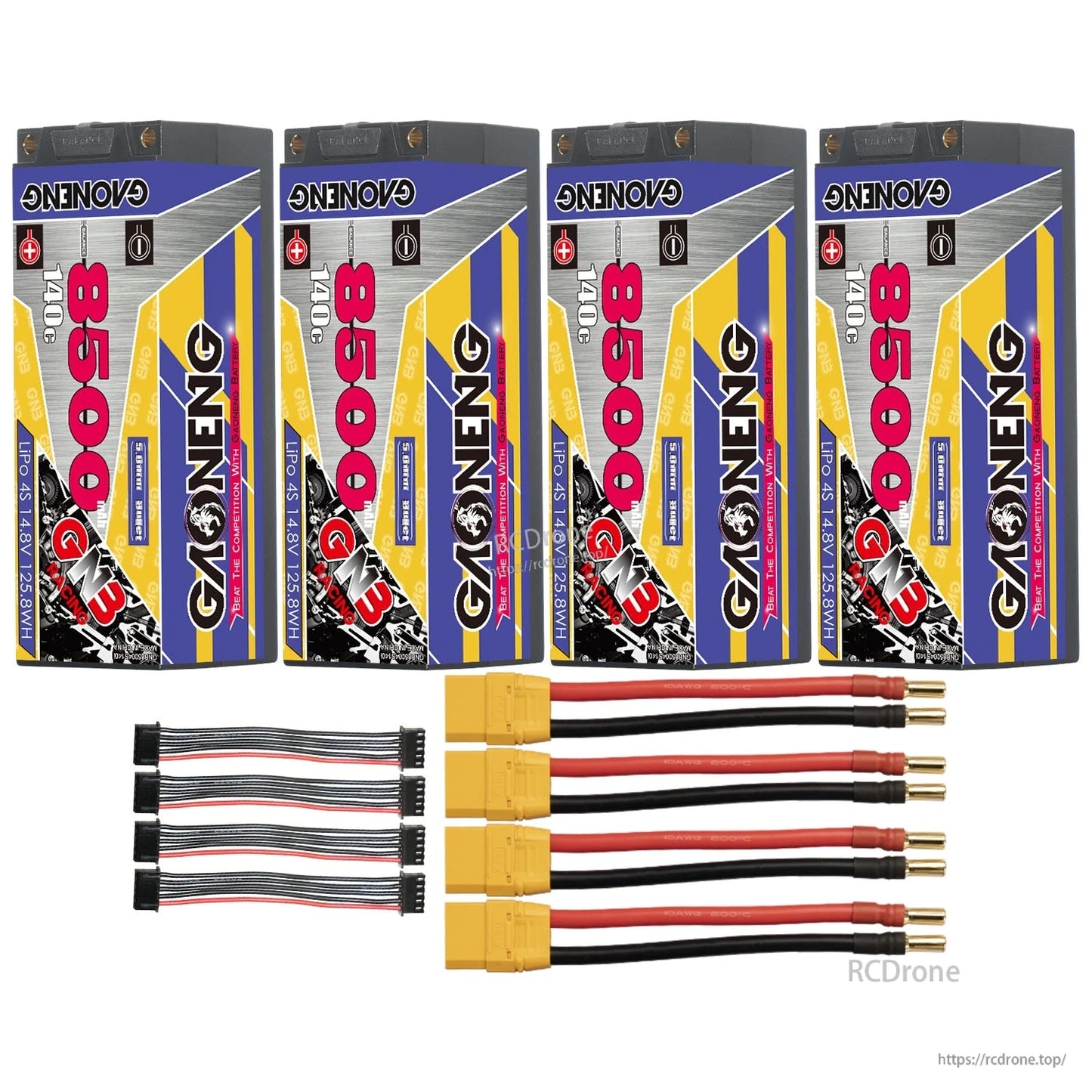 Four-pack hard case batteries with yellow main plugs, 5mm bullet leads, and balance extension leads