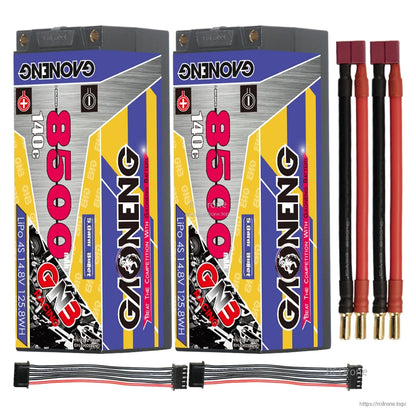 Two-pack batteries with red T-plug style connectors, 5mm bullet leads, and balance extension leads