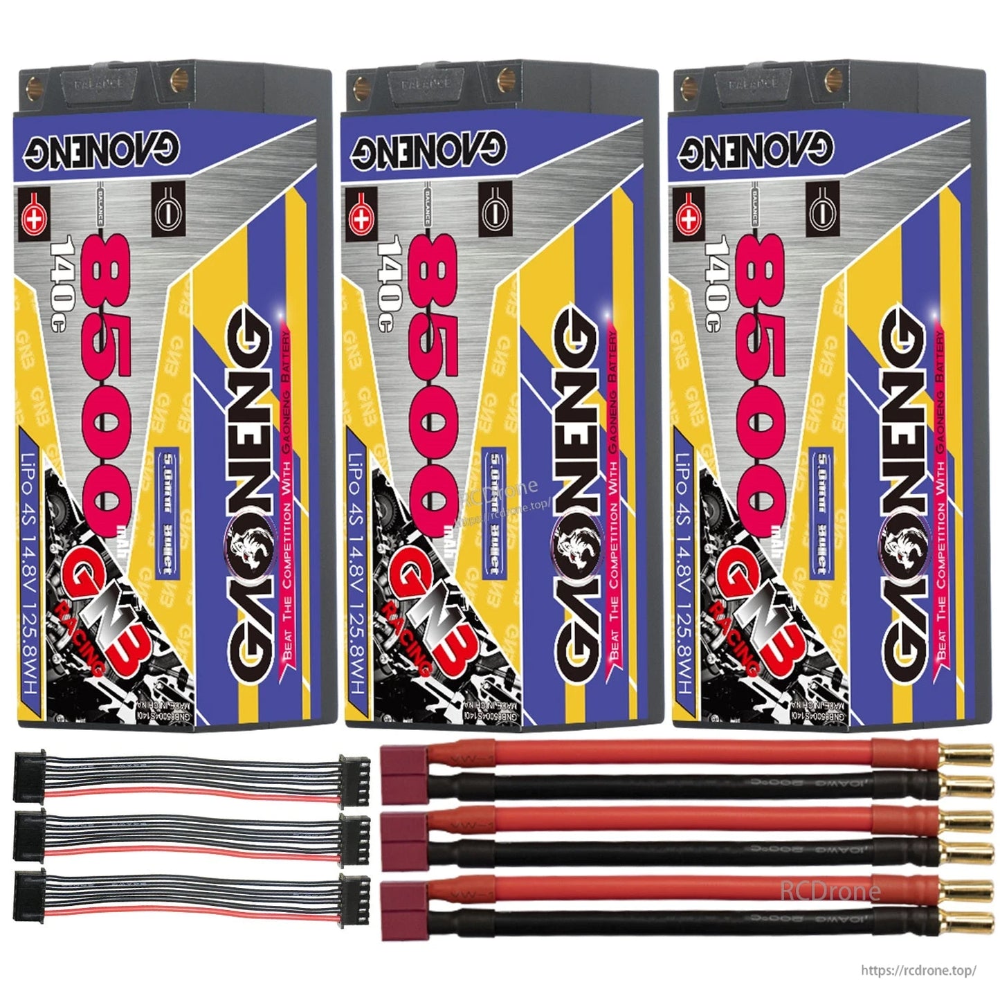 Three-pack batteries with red T-plug style connectors, 5mm bullet leads, and balance extension leads