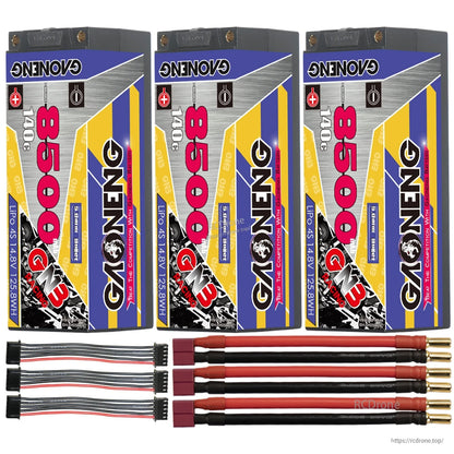 Three-pack batteries with red T-plug style connectors, 5mm bullet leads, and balance extension leads