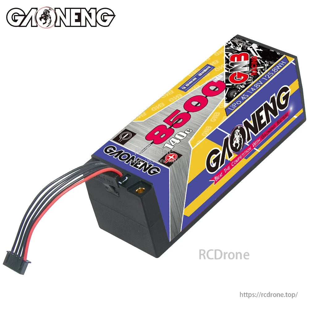 Hard case LiPo battery angled view showing balance lead exit from end cap and top label design