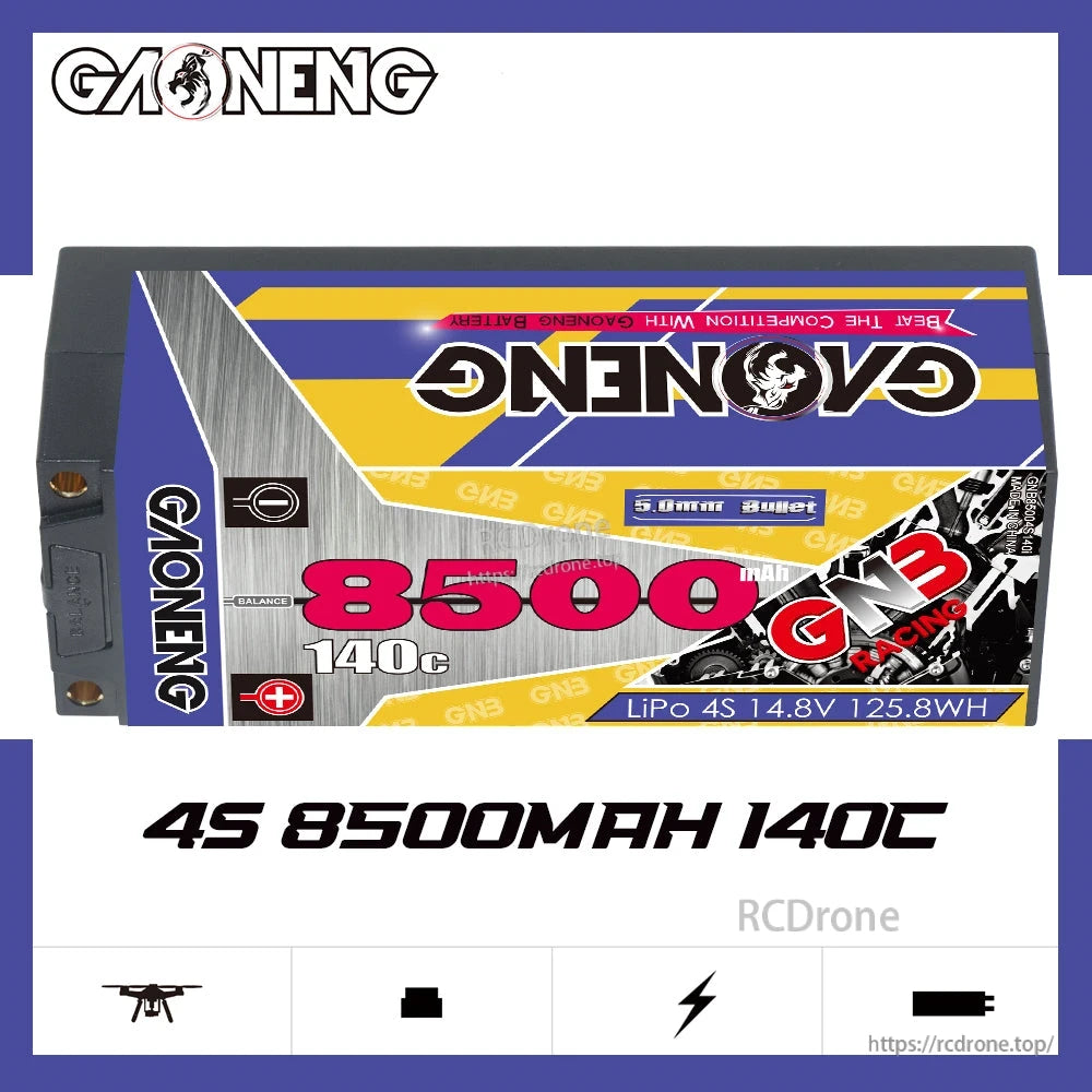 GAONENG 4S 8500mAh 140C hard case LiPo battery promotional graphic showing pack design