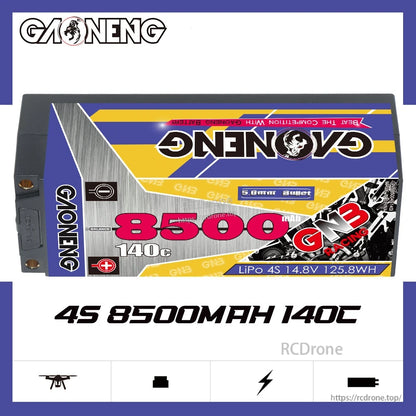 GAONENG 4S 8500mAh 140C hard case LiPo battery promotional graphic showing pack design