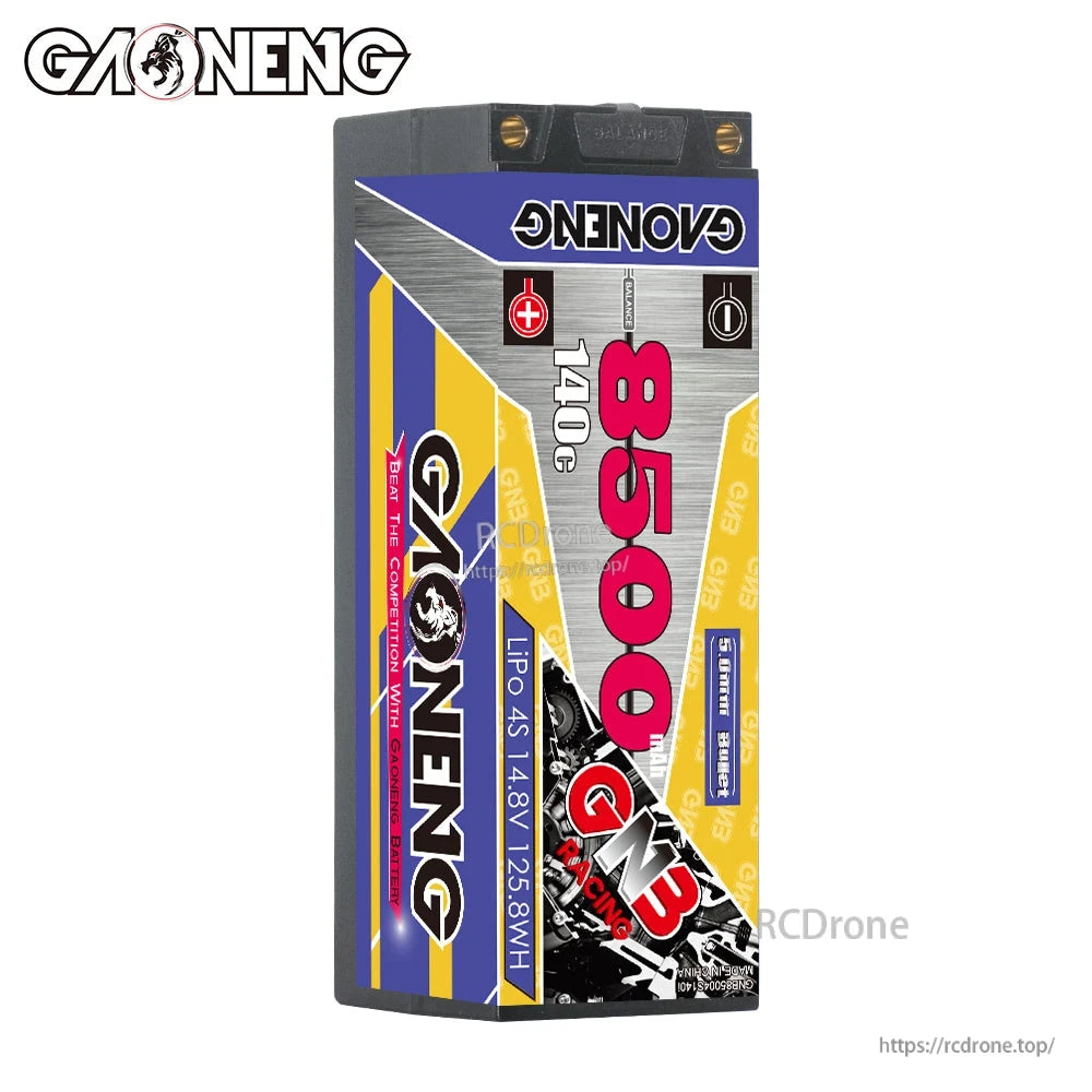 GAONENG 8500mAh hard case LiPo battery upright view showing front label and hard shell end cap
