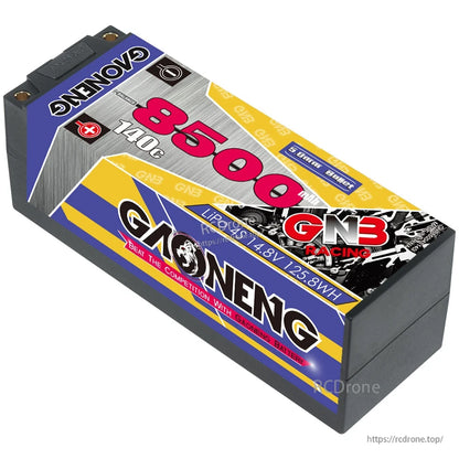 Top-down angled view of GAONENG hard case battery showing 8500 label and casing edges