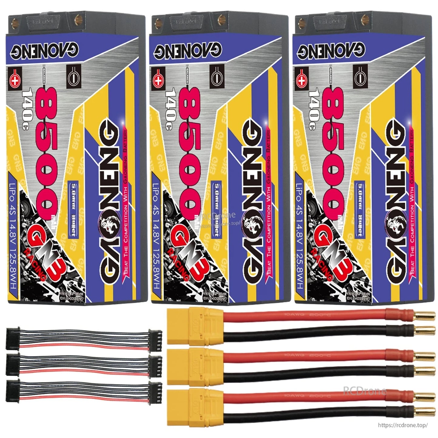 Three-pack hard case batteries with yellow main plugs, 5mm bullet leads, and balance extension leads