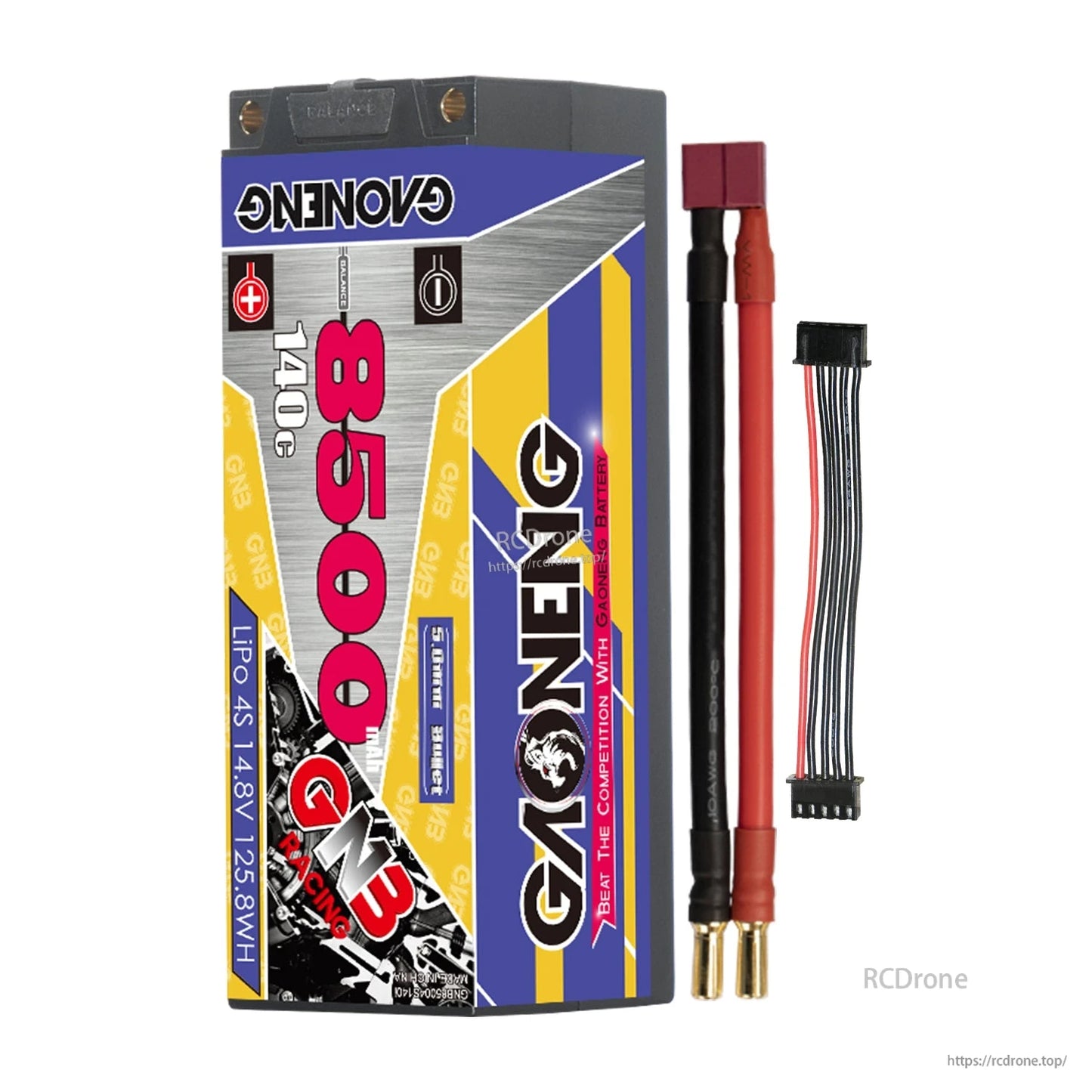 Single hard case battery with red T-plug style connector, 5mm bullet leads, and balance extension lead