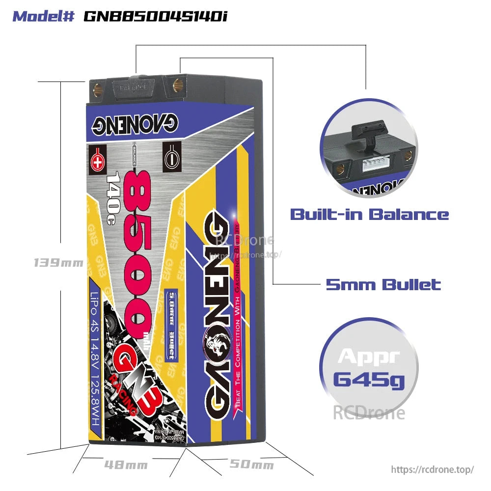 GNB85004S140i battery dimensions diagram with built-in balance lead, 5mm bullet outputs, approx 645g