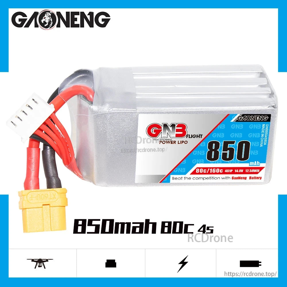 GAONENG GNB 850mAh 80C 4S battery front label view with leads on white background