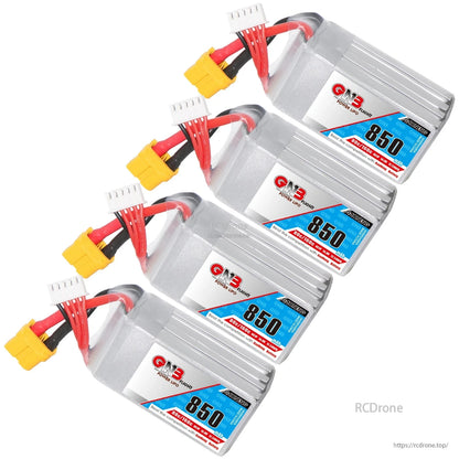 Four GNB 850mAh 4S LiPo batteries arranged diagonally with labels and XT60 leads visible