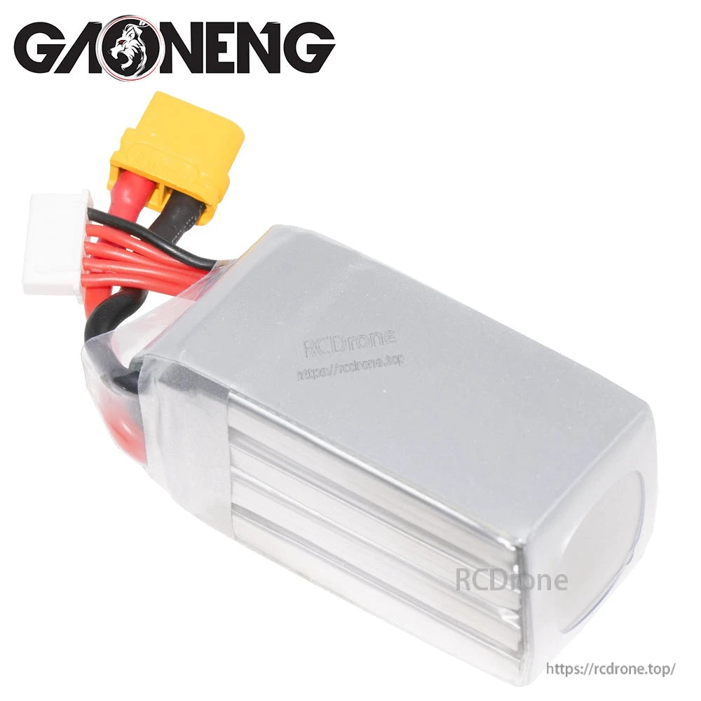 Side view of GAONENG 4S LiPo pack showing silver shrink wrap and rounded end cap