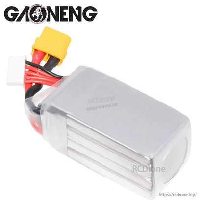 Side view of GAONENG 4S LiPo pack showing silver shrink wrap and rounded end cap