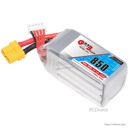 GNB850 4S LiPo battery angled view showing label, XT60 connector and wire harness