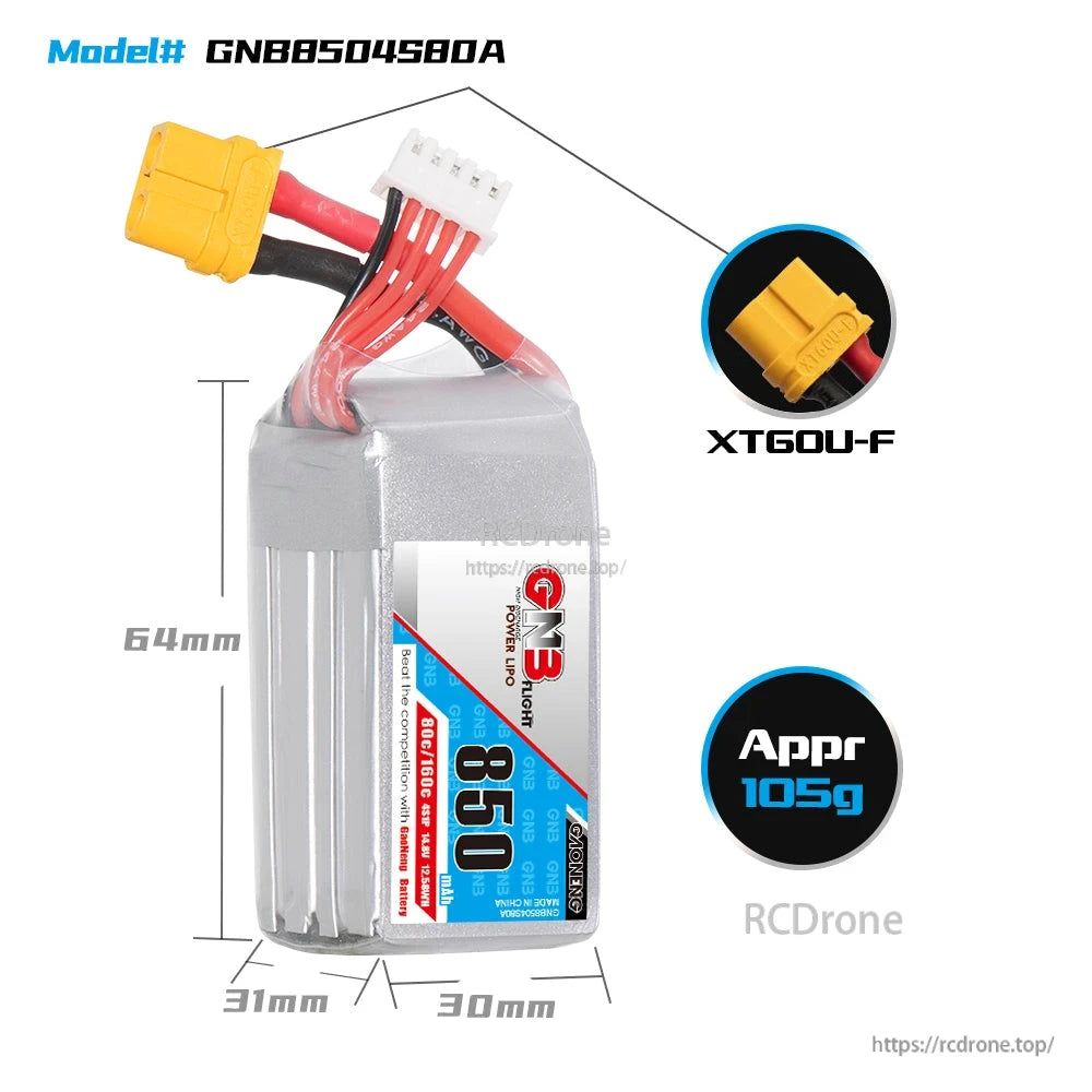 GNB8504S80A battery dimensions graphic with XT60U-F connector close-up and approx weight 105g