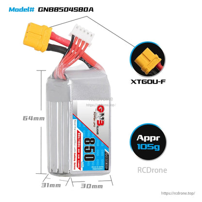 GNB8504S80A battery dimensions graphic with XT60U-F connector close-up and approx weight 105g