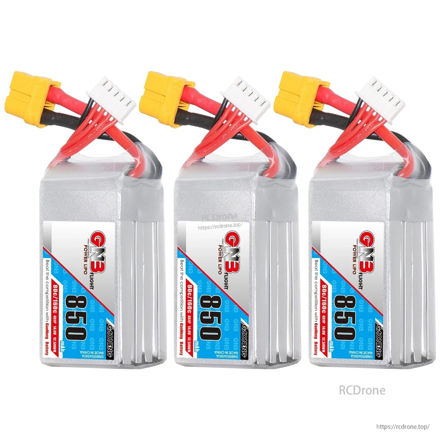 Three GNB 850mAh 4S LiPo batteries shown together, each with XT60 connector and balance plug