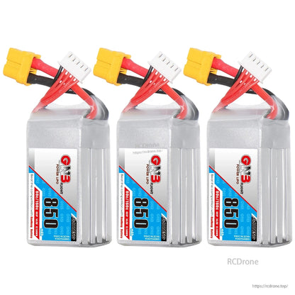 Three GNB 850mAh 4S LiPo batteries shown together, each with XT60 connector and balance plug