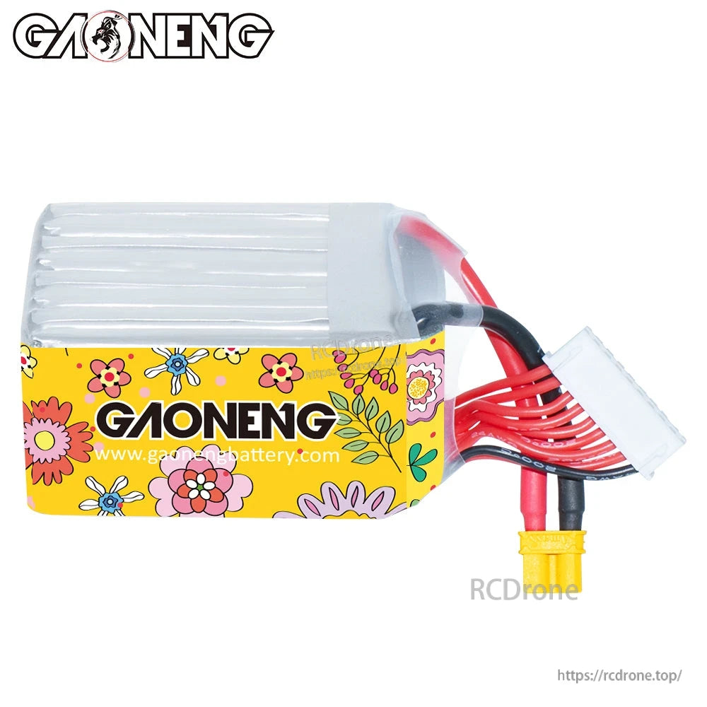Side view of GAONENG LiHV battery showing GAONENG logo wrap, XT30 power lead and 8S balance plug