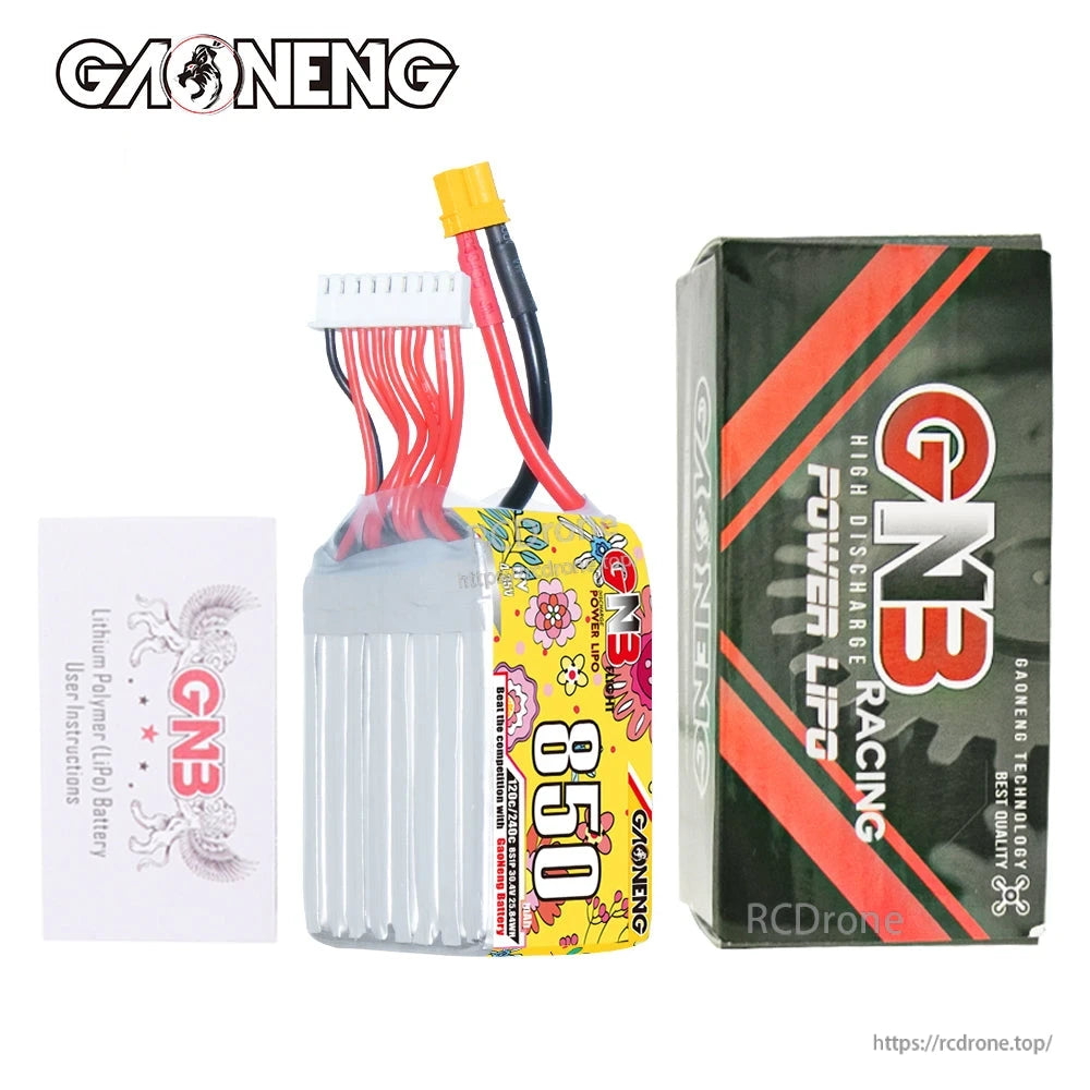 Package contents: GAONENG GNB 850 battery with GNB Racing box and instruction card