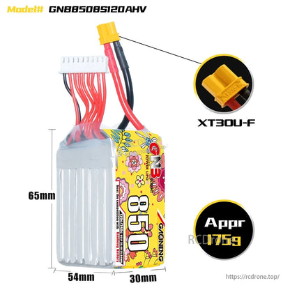 GNB8508S120AHV size chart: 65mm tall, 54mm long, 30mm thick; XT30U-F plug and appr 175g