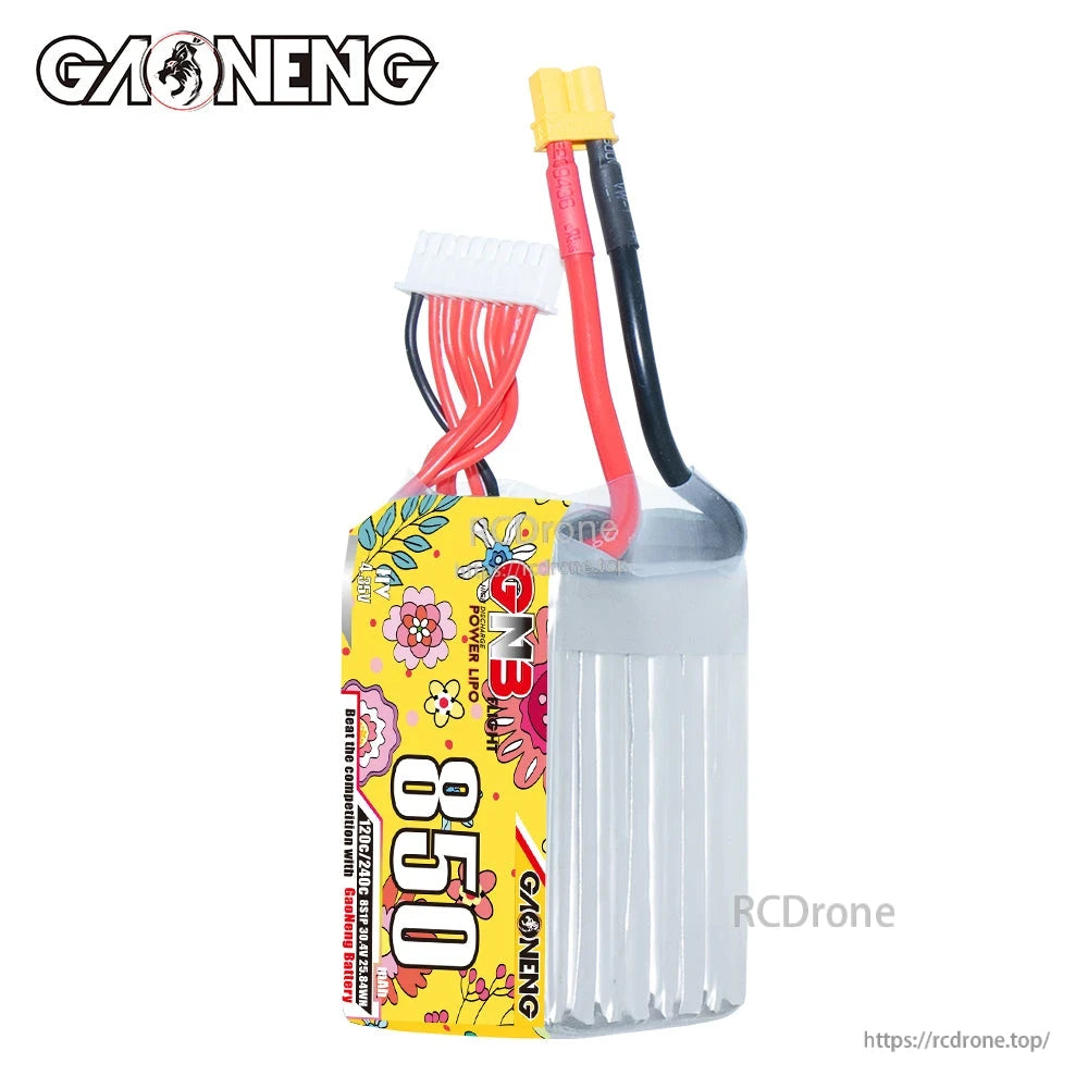 Upright view of GAONENG 850 battery showing top cap, XT30 connector and balance lead routing