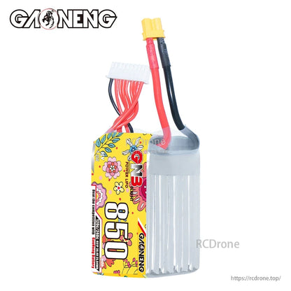 Upright view of GAONENG 850 battery showing top cap, XT30 connector and balance lead routing