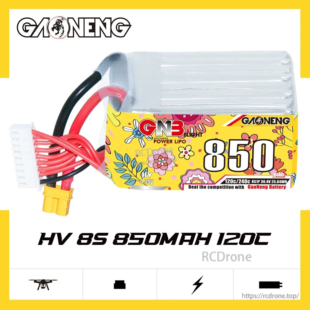 GAONENG GNB 850 HV 8S 850mAh 120C battery label close view with branding