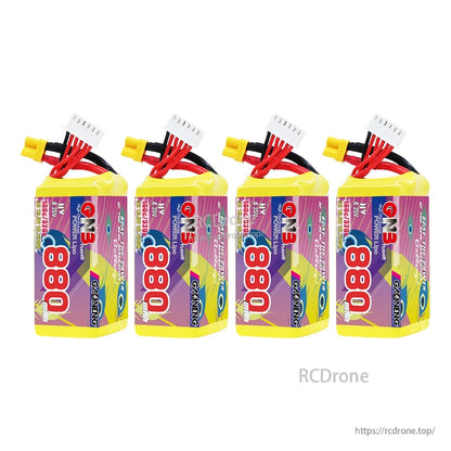 Four GNB 880mAh 5S LiHV batteries lined up, multi-pack quantity option