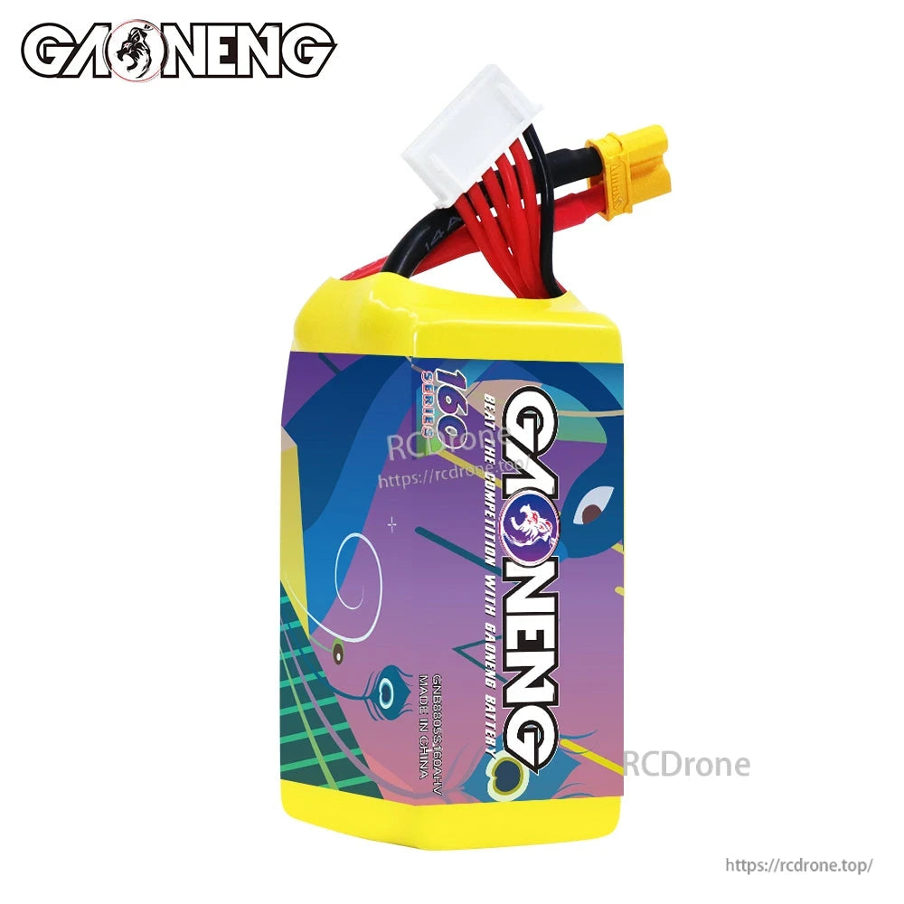 Side view of GAONENG GNB 5S battery showing GAONENG logo wrap and top wires