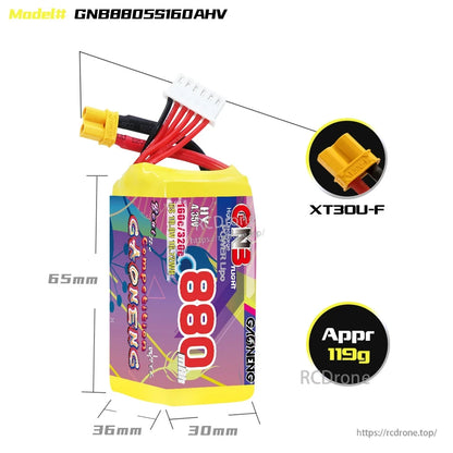 GNB8805S160AHV battery size chart with 65mm height, XT30U-F connector callout, approx 119g