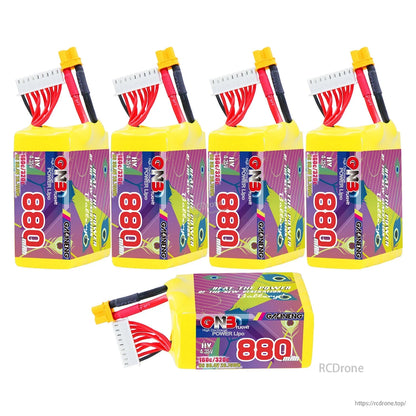 Bundle layout: four GAONENG 8S 880mAh LiHV batteries upright plus one battery shown horizontally