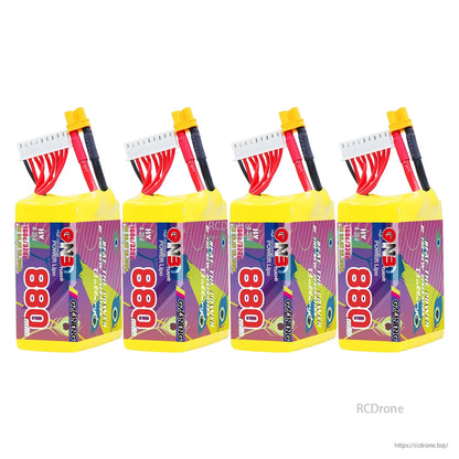 Four-pack display of GAONENG 880mAh 8S LiHV batteries in a row with XT30 connectors and balance leads