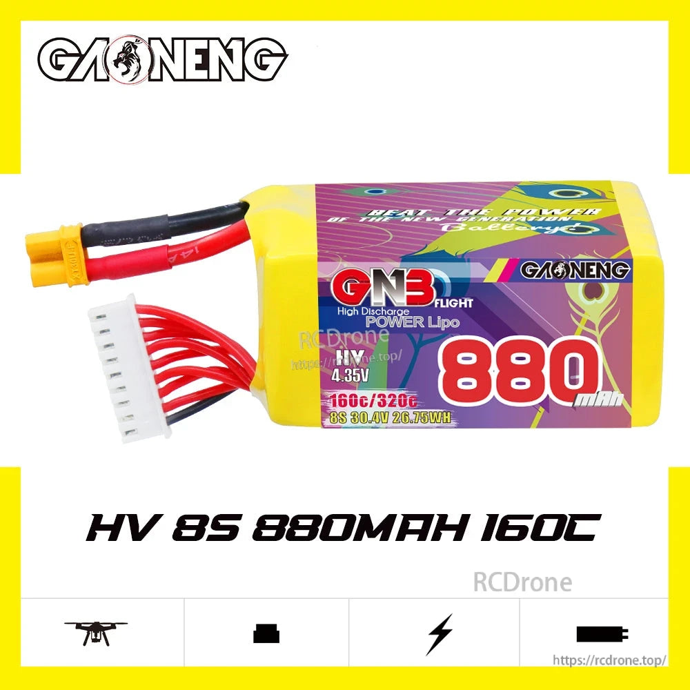 Side profile of GNB 8S 880mAh HV LiPo battery showing wire leads; text graphic “HV 8S 880mAh 160C”