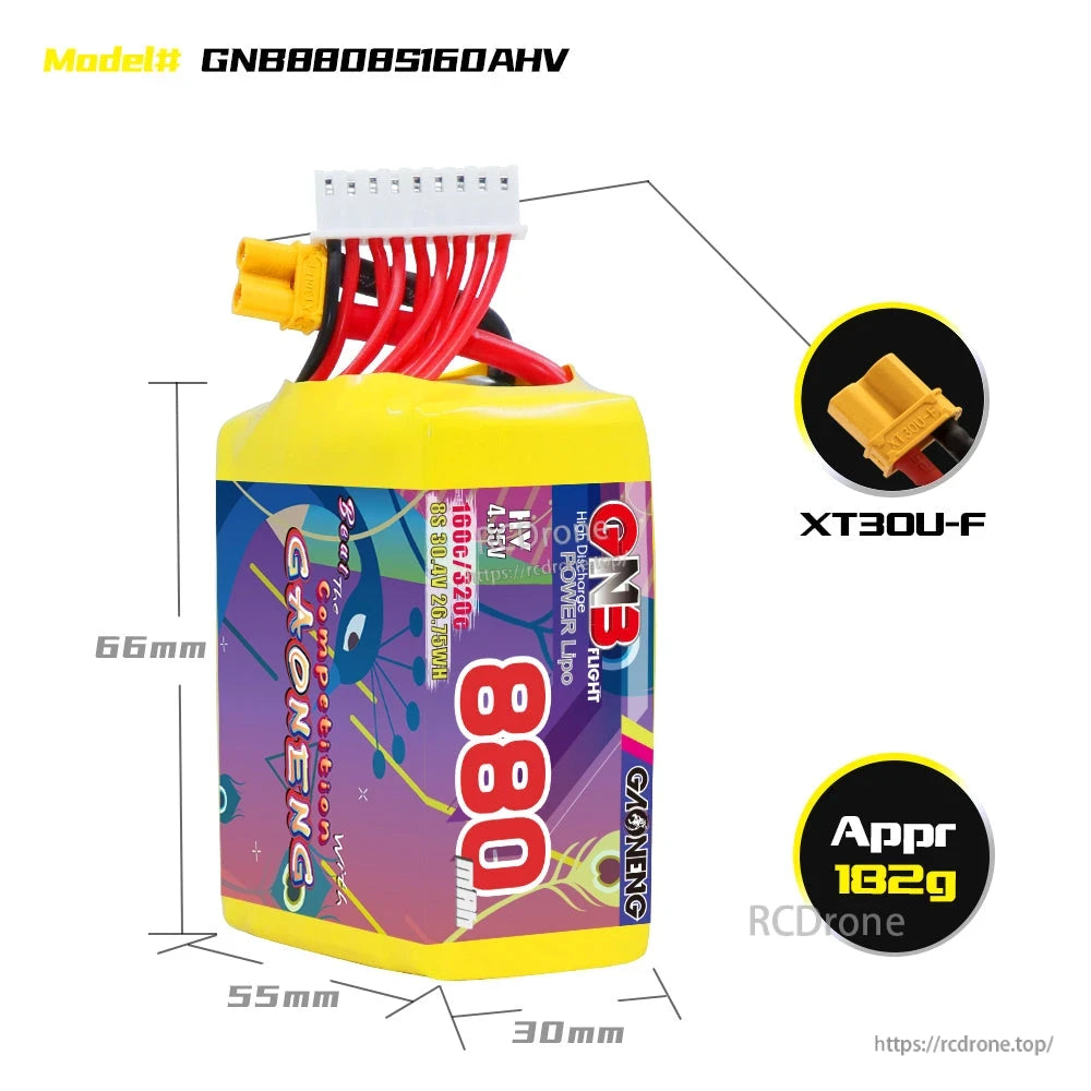 GNB8808S160AHV battery dimensions diagram (66×55×30mm) with XT30U-F connector close-up and weight note