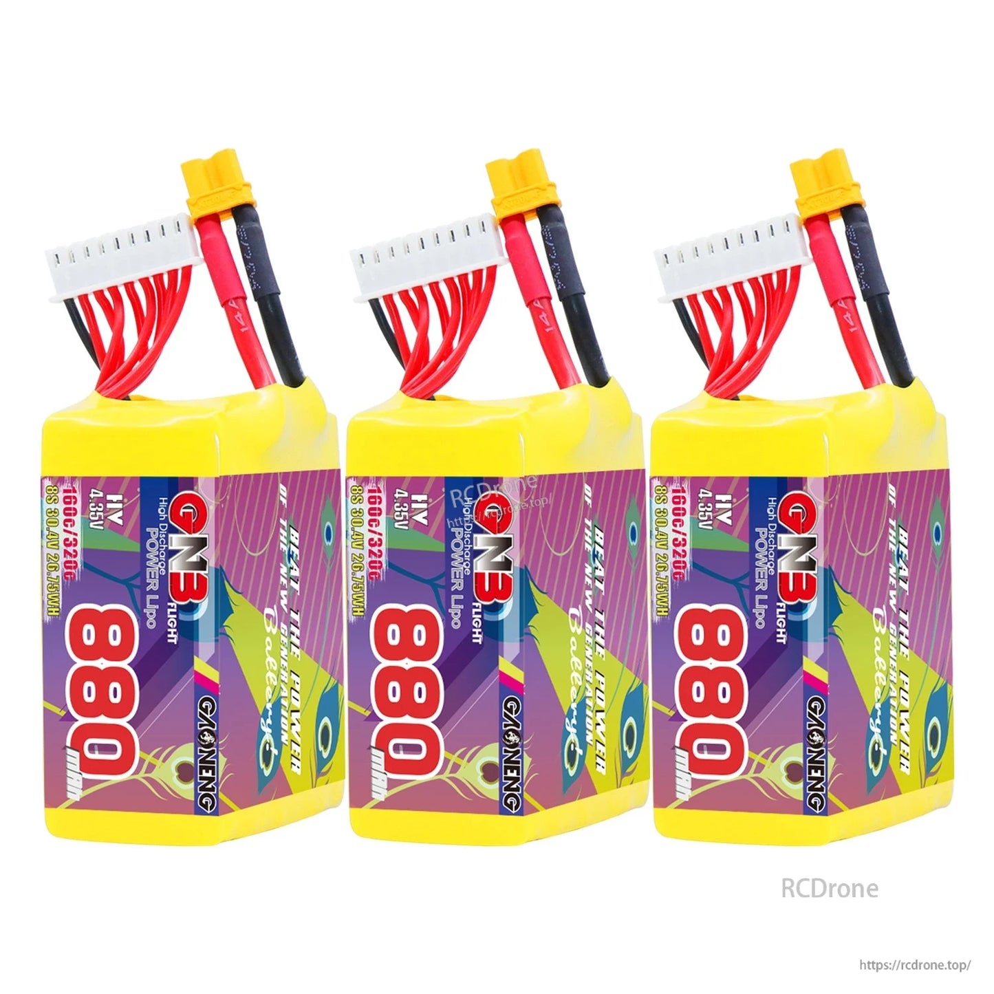 Three-pack display of GAONENG 880mAh 8S LiHV batteries lined up with XT30 power leads and balance plugs