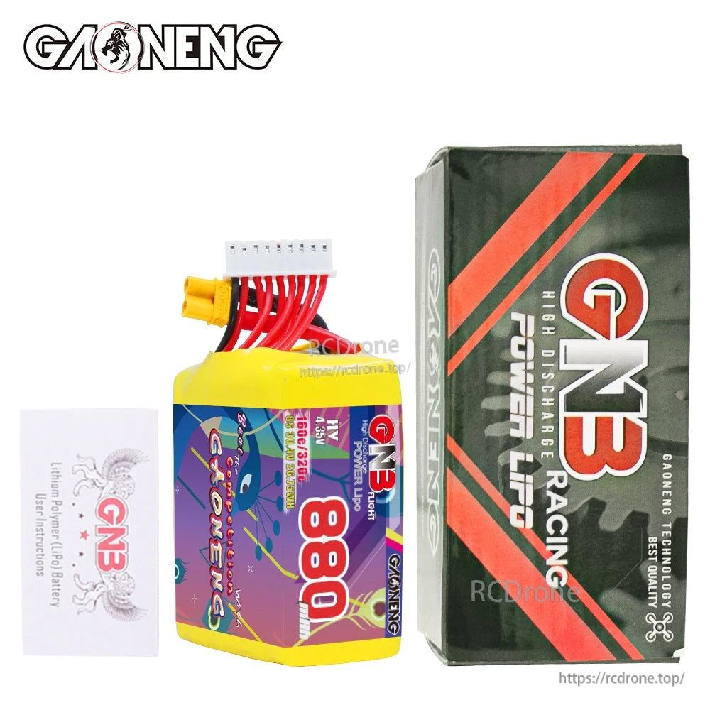 Package contents: GAONENG GNB 880mAh 8S LiHV battery with retail box and instruction card