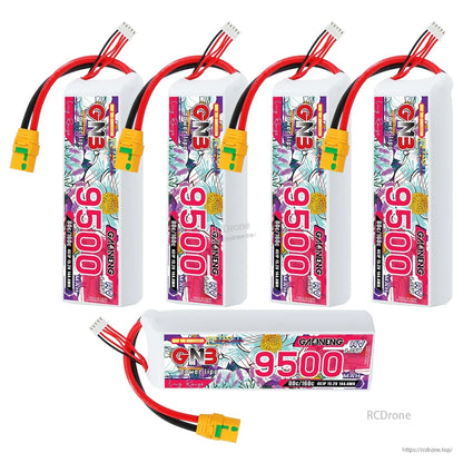 Bundle layout showing four upright GNB 9500mAh packs plus one horizontal pack with XT90S connector