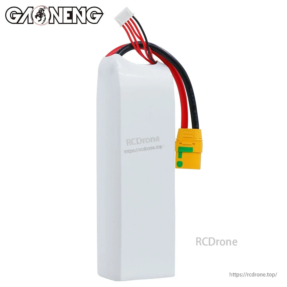 Rear side view of white LiHV battery pack showing XT90S plug, main power wires, and balance connector