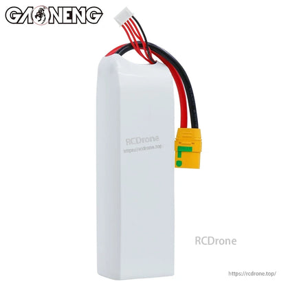 Rear side view of white LiHV battery pack showing XT90S plug, main power wires, and balance connector