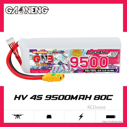 GNB HV 4S 9500mAh 80C battery graphic showing labeled side and connector leads on white background