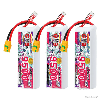 Three GNB 9500mAh LiHV battery packs shown together, each with XT90S connector and balance lead