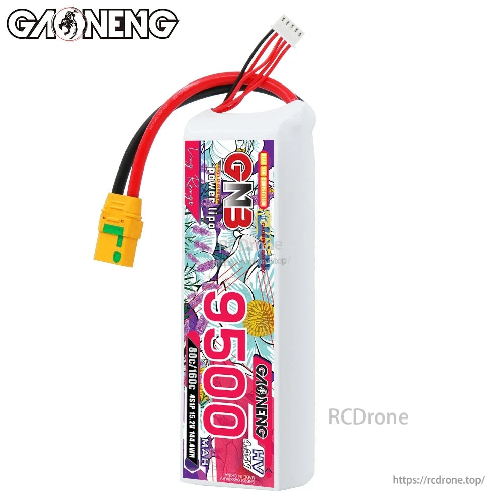 Upright front label view of GAONENG GNB 9500mAh LiHV pack with XT90S connector and balance lead