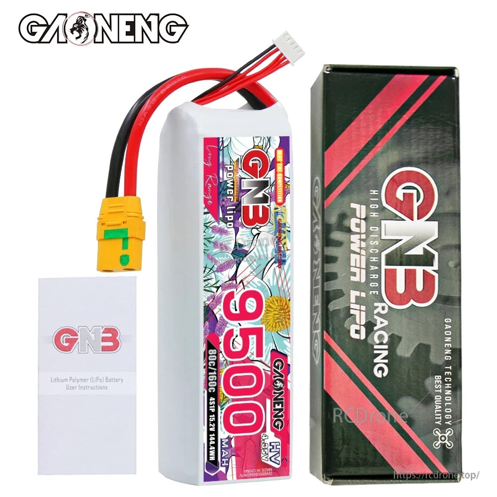 Package contents: GNB 9500mAh battery, GNB retail box, and user instructions leaflet
